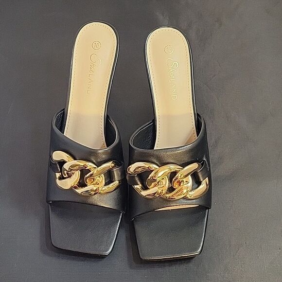 BRAND NEW SHOELAND SQUARE TOE SLIP-ON FOOT OPEN TOE GOLD CHAIN LINKING S… - Picture 4 of 15